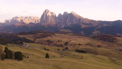 Cinematic-Drone-Shot-Reveals-Famous-Italian-Dolomite-Landscape-during-Beautiful-Day-at-Sunrise