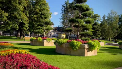 Scenery-of-a-beautiful-park-with-colorful-flowers-in-Slovakia-on-a-sunny-day