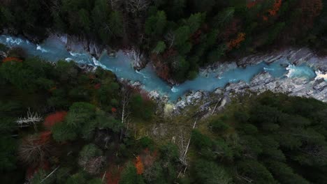 Aerial-of-a-scenic-and-idyllic-mountain-river-waterfall-canyon-with-fresh-blue-water-in-the-Bavaria-Austria-alps,-flowing-down-a-beautiful-forest-along-trees-near-Sylvenstein-Speicher-and-Walchensee