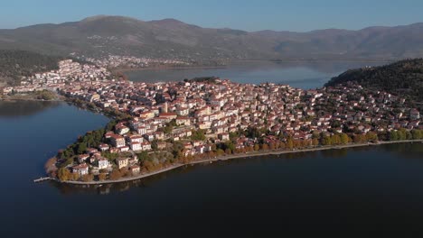 Aerial-Point-Of-interest-Shot-in-Kastoria-Greece-at-Dawn,-4K-footage