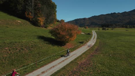 Woman-and-man,-three-persons-cycling-with-touring-bikes-in-autumn-nature-in-Bavaria-with-alps