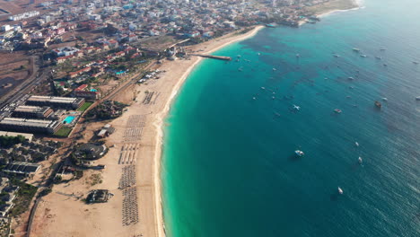 High-drone-view-of-tropical-Sal-Island,-unveiling-Santa-Maria,-Cape-Verde