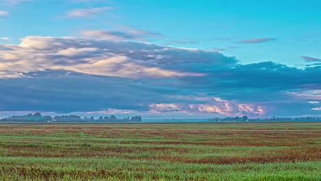Dark-thunder-clouds-covering-farm-fields-in-nature-during-sunny-day,time-lapse