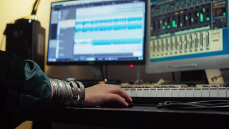 Woman's-arm-with-bracelets-controls-a-digital-audio-workstation-in-a-recording-studio-with-a-mouse