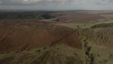 Moorland,-Grassland,-Woodland,-Yorkshire-Moors,-High-Aerial-Landscape,-UK-Autumn,-Hole-of-Horcum,-Deep-Natural-Amphitheater,-Devils-Punchbowl
