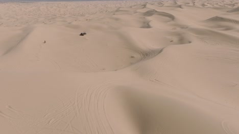 Off-Roading-Bikers-on-Sand-Dune-Landscape-in-Glamis,-California-as-Seen-by-Drone