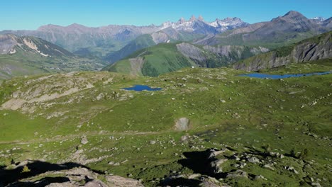 Panorama-of-Green-Valley-and-Mountain-Lakes-in-French-Alps---Aerial
