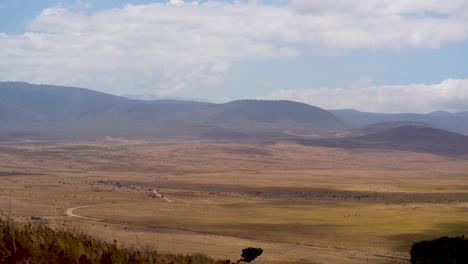 Panoramic-view-of-Ngorongoro-Crater-natural-preserve-in-Tanzania-Africa,-Locked-wide-angle-shot