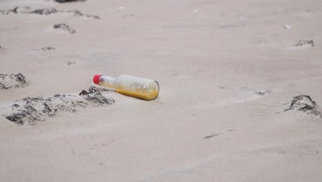 Small-glass-bottle-on-the-coast,-trash-and-waste-litter-on-an-empty-Baltic-sea-white-sand-beach,-environmental-pollution-problem,-overcast-day,-medium-shot