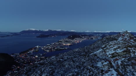 Scenic-night-aerial-view-from-over-mountain-of-Alesund,-Norway