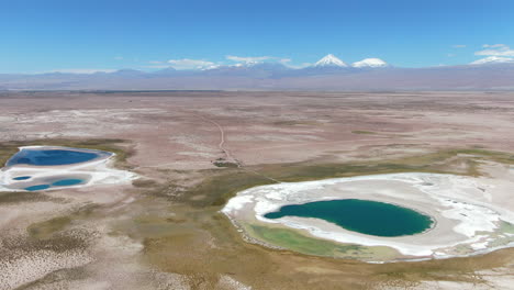 Vista-Aérea-Sobre-El-Paisaje-Del-Desierto-De-Atacama-Con-Lagos-De-Sal-Turquesa