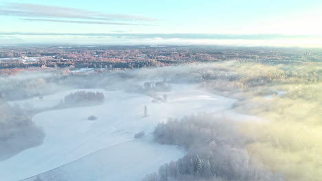Dreamy-aerial-shot-flying-above-beautiful-winter-landscape-of-a-village-covered-with-snow-and-a-layer-of-fog