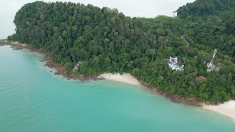 Aerial-drone-shot-Pasir-Tengkorak-beach,-Langkawi,-Malaysia