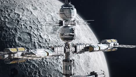 Nahaufnahme-Einer-Futuristischen-Raumstation,-Die-Den-Mond-Umkreist