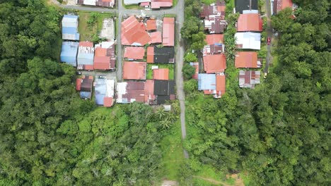 Aerial-drone-top-shot-of-an-isolated-southeast-Asian-village-in-a-dense-forest