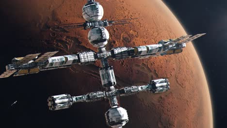 Establishing-Shot-of-a-Futuristic-Space-Station-Orbiting-Mars,-The-Red-Planet