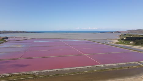 Vibrant-pink-Salt-works-ponds-with-Ocean-view-behind,-Aerial-dolly-shot