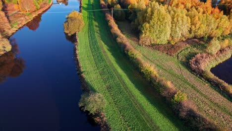 Aerial-drone-footage-of-still-flowing-river-with-mirror-like-sky-reflection,-with-grass-pathway,-walkway-and-a-trees