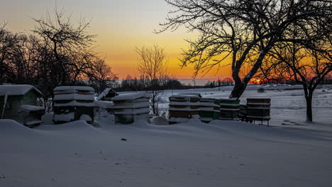 Dormant-beehives-in-the-snow-with-a-golden,-vibrant-sunrise-in-the-background---time-lapse