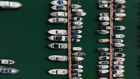 Top-down-aerial-view-taken-of-the-dock-of-Cala-d'Or-full-with-boats-on-Mallorca-in-the-harbor