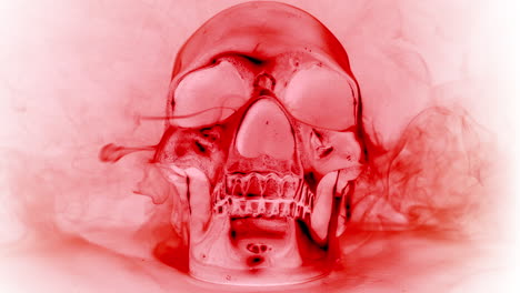 Cráneo-De-Cristal-Rojo-Sangre-Sobre-Fondo-Blanco,-Girando-Con-Humo-Y-Niebla