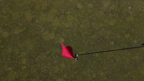Top-view-of-red-golf-pole-flag-on-manicured-green-at-golf-course-in-Australia
