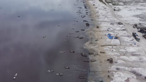 Aerial-shot-of-the-salt-extraction-industry-in-the-Dakar-lake,-Senegal