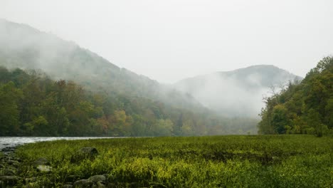 Static-shot-of-a-misty-valley-with-the-River-Gorge-flowing