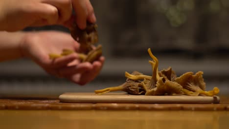 women-picking-up-funnel-chanterelle-mushrooms-from-the-table