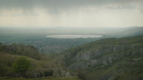 Cheddar-Reservoir-from-Cheddar-Gorge,-Mendip-Hills,-Moody-Atmospheric-Weather