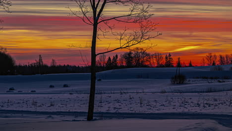 Cinematic-time-lapse-of-beautiful-orange,-yellow-and-red-sunset-sky-in-winter-landscape-with-silhouette-trees-in-foreground