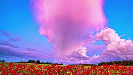 Statisches-Video-Eines-Farbenprächtigen-Sonnenuntergangs-über-Einem-Wunderschönen-Feld-Roter-Mohnblumen