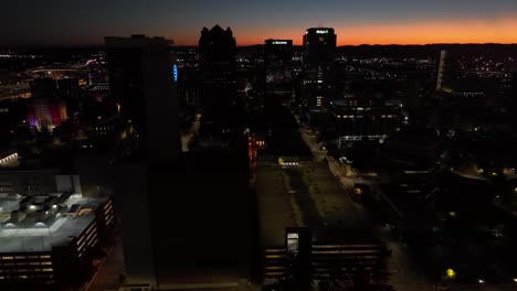 Aerial-truck-shot-of-Birmingham-Alabama-skyline-at-dawn