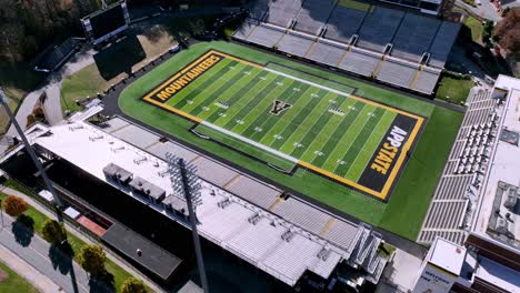 aerial-pullout-from-kidd-brewer-stadium-on-appalachian-state-university-campus-in-boone-nc,-north-carolina