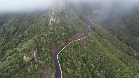 Aerial-view-of-a-mountain-road-surrounded-by-a-green-forest-on-a-cloudy-day