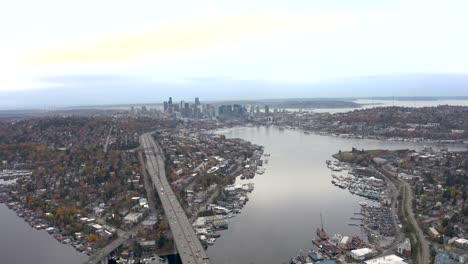 Wide-drone-shot-of-Lake-Union-connecting-all-of-Seattle's-meandering-neighborhoods