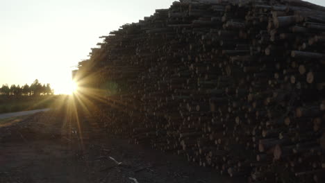 4k-Aerial-shot-of-piles-of-wood,-trees-and-timber-during-sunset-in-Sweden