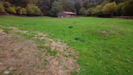 Barn-house-surrounded-by-nature,-green-grass,-trees,-in-the-mountains-of-Pyrenees,-Spain-Drone-view,-natural-landscapes,-Forest-scenery