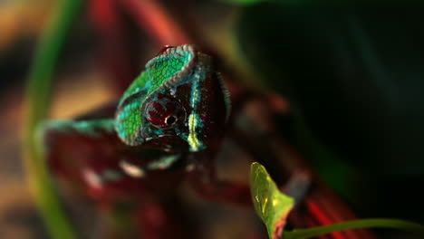 Vertical-Video:-Close-Up-Portrait-of-a-Red-Panther-Chameleon,-Madagascar