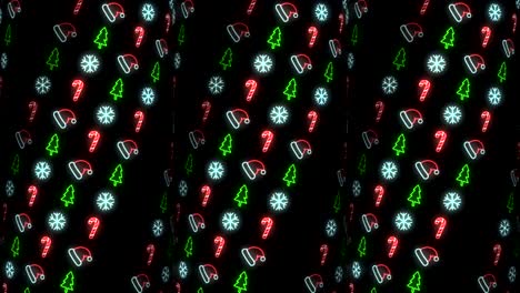Strobe-Neon-Christmas-Pattern-Background-of-Santa-Hat-Christmas-Tree-Snowflake-and-Candy-Cane-in-Red-White-and-Black-Looping-animation-Strobing