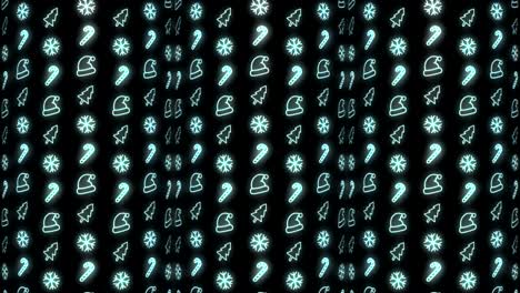 Neon-Christmas-Pattern-Background-of-Christmas-Tree,-Snowflake,-Santa-Hat-and-Candy-Cane-in-Cyan-and-Black-Looping-animation
