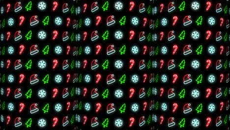 Fondo-De-Patrón-Navideño-De-Neón-De-árbol-De-Navidad,-Copo-De-Nieve,-Sombrero-De-Santa-Y-Bastón-De-Caramelo-En-Animación-En-Bucle-Rojo,-Blanco-Y-Negro