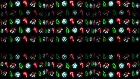 Strobe-Neon-Christmas-Pattern-Background-of-Santa-Hat-Christmas-Tree-Snowflake-and-Candy-Cane-in-Red-White-and-Black-Looping-animation-Strobing