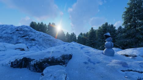 Winter,-natural-environment,-with-snowman-with-a-black-hat,-snow-falling,-clouds-passing-by,-sunset,-blue-sky,-pine-trees,-and-cliffs-3D-photorealistic-animation-camera-dolly-right