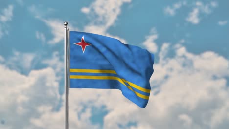 Aruba-flagge,-Die-Im-Realistischen-4k-video-Des-Blauen-Himmels-Weht