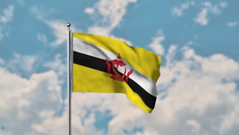 Brunei-flagge,-Die-Im-Realistischen-4k-video-Des-Blauen-Himmels-Weht