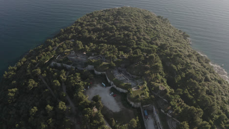 Croatia-Pula-Fort-Punt-Christo-drone-shot-of-the-coast-in-4K