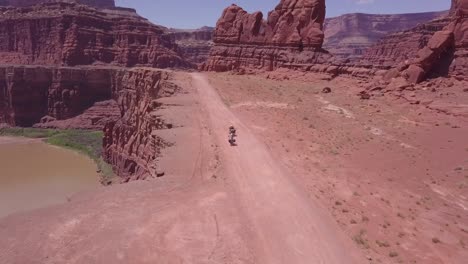 Pair-of-motorbike-riders-on-scenic-Moab-wilderness-mountain-desert-motorcycle-road-trip