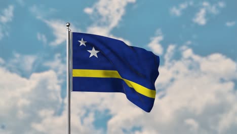 Curaçao-Flagge-Weht-Im-Realistischen-4k-Video-Des-Blauen-Himmels