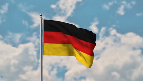 Deutschlandfahne-Weht-Im-Realistischen-4k-Video-Des-Blauen-Himmels